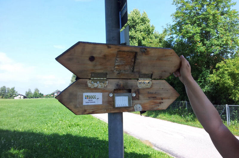 Ein Wegweiser-Schild aufgeklappt